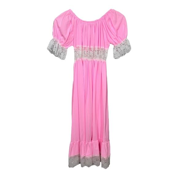 Vintage Perry Lingerie Nightgown Large Pink Silky Nylon Lace Trim Ruffle Long - Picture 2 of 7